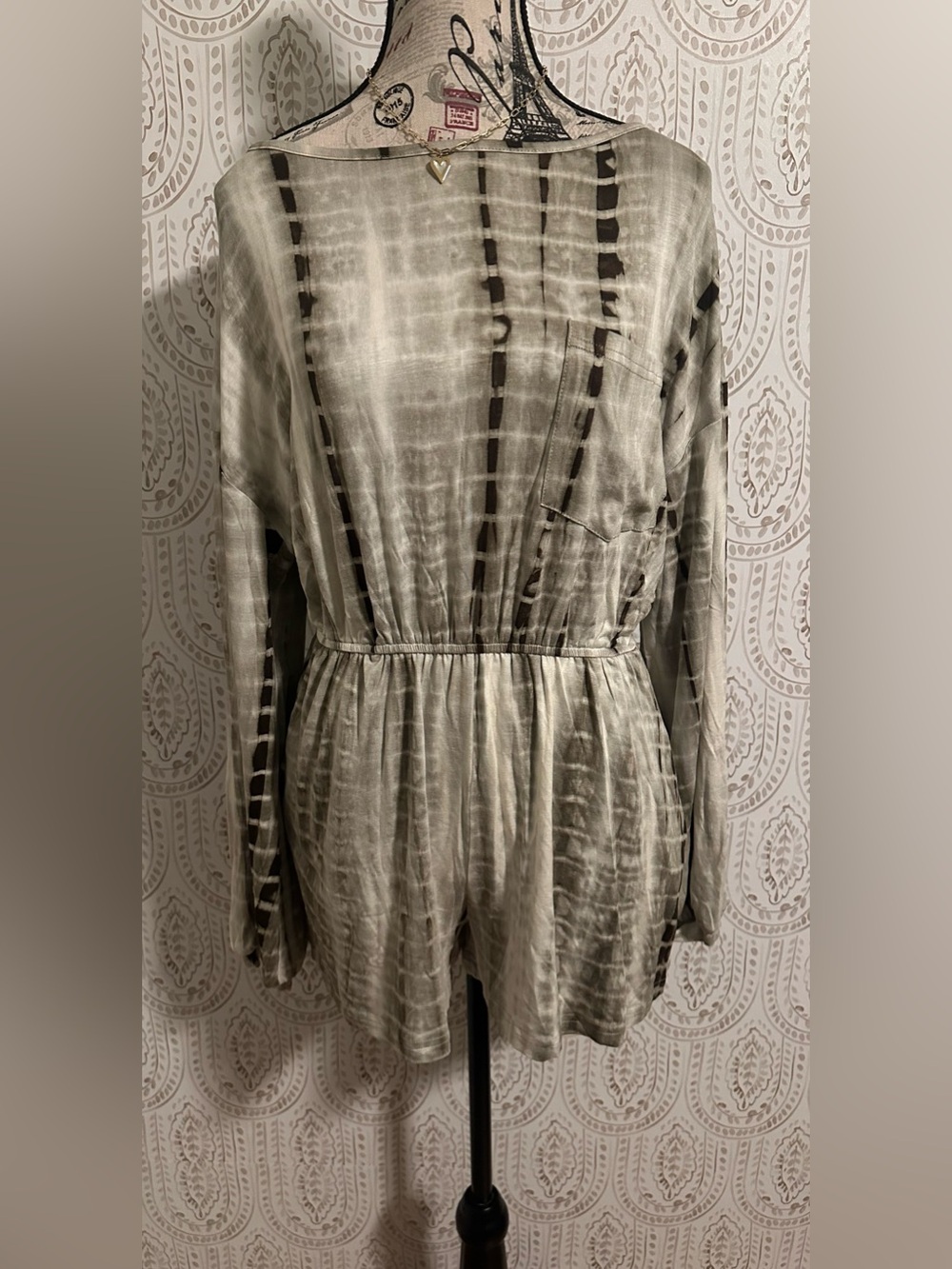 Tie-Dye Soft Romper in Olive and Black with pockets